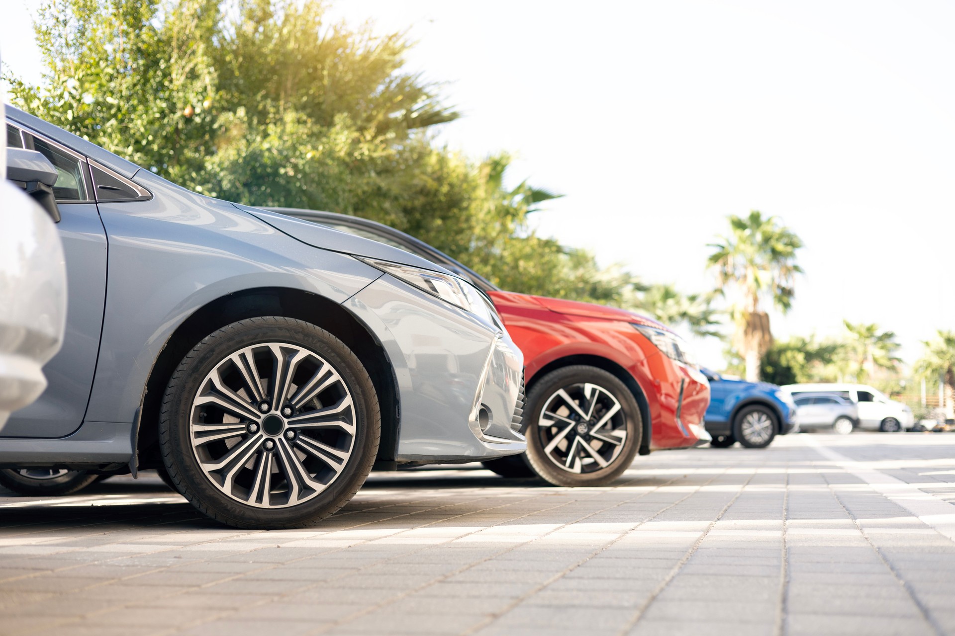 A row of new colorful vehicles on the parking. A line of used cars and trucks for sale